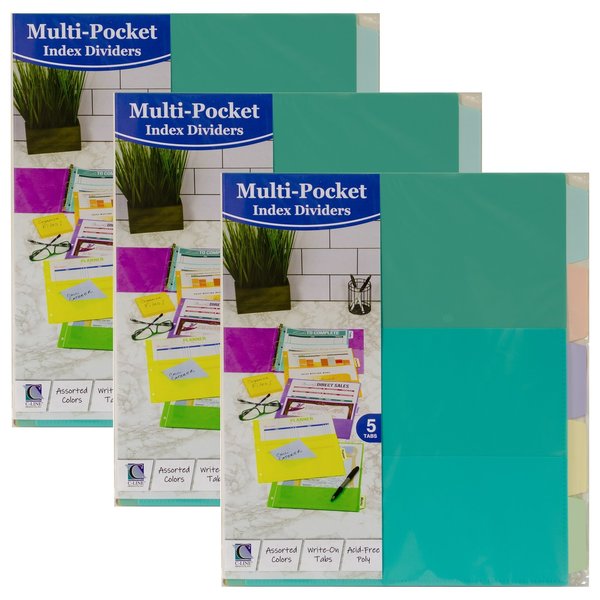 C-Line Products Index Dividers, 5-Tab, w/Multi-Pockets, Bright Colors, 8-1/2 x 11, 15PK 7650